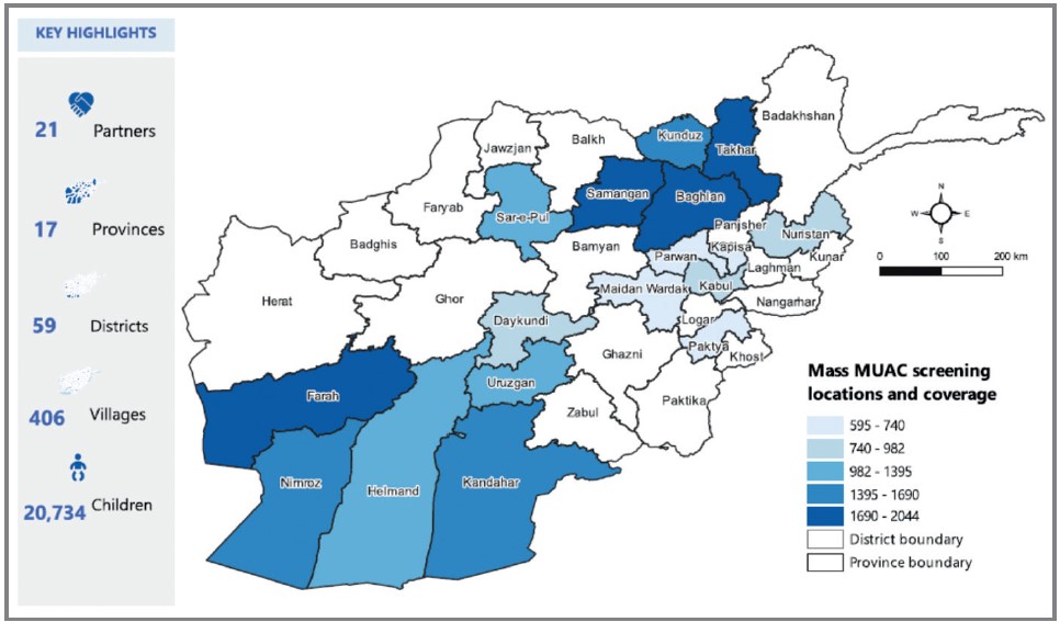 Map of Afghanistan with 5 shades of blue from light blue with 595-740 children screened (4 provinces) to dark blue where between 1690-2044 children were screened (in 4 provinces).
