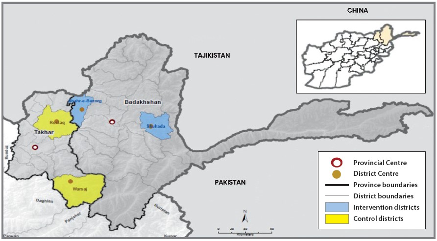 Map over the far north-eastern corner of Afghanistan with two yellow districts that are control districts in Takhar province and two blue districts that were intervention areas in neighbouring Badakhshan province.