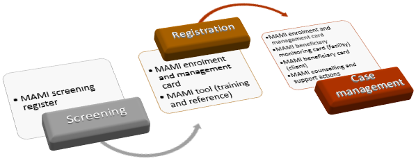 Programme flow with monitoring and evaluation tools used at each stage