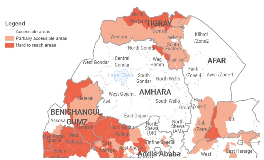 A map of northern Ethiopia showing accessible areas, partially accessible areas and hard to reach areas