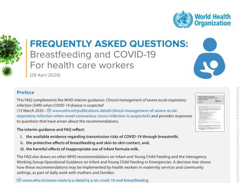 First page of document titled. "Frequently asked questions: Breastfeeding and COVID-19 For health care workers" by the World Health Organization (WHO).