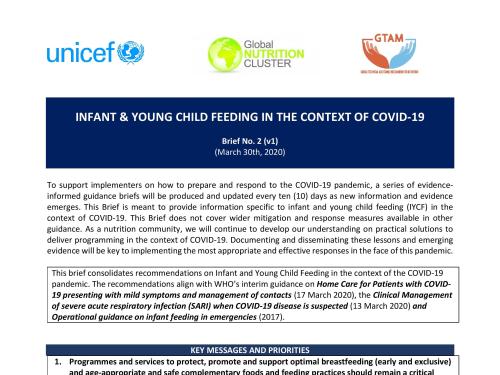 First page of brief titled, "Infant and young child feeding in the context of OF COVID-19" Brief Number 2, version 1 from March the 30th 2020.