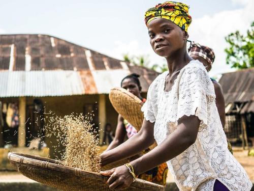 First page of Scoping Review titled "Nutrition and Climate Change - Current State of Play: Scoping Review." Image of women tossing rice.