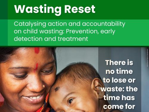 Front cover of report titled, "Wasting 'Reset'- Catalysing action and accountability on child wasting: Prevention, early detection and treatment" from August 2021. Image shows a smiling mother and baby.