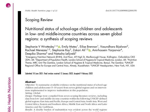 Front page of scoping review titled, "Nutritional status of school-age children and adolescents in low- and middle-income countries across seven global regions: a synthesis of scoping reviews," with authors and abstract.