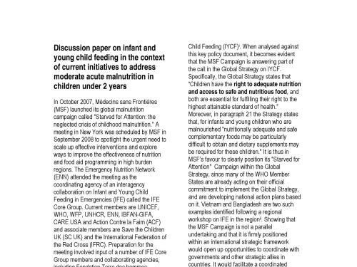 Front cover of document titled, "Discussion paper on infant and  young child feeding in the context  of current initiatives to address  moderate acute malnutrition in  children under 2 years."