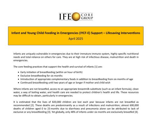 Front page of Infant and Young Child Feeding in Emergencies (IYCF-E) Support – Lifesaving Interventions