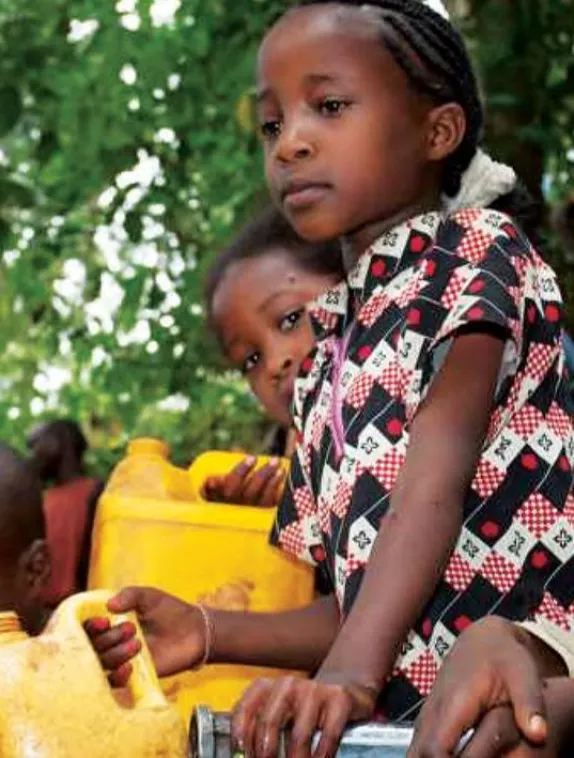 Front page of paper titled, "Special focus on nutrition-sensitive programming." Image shows a group of children with water containers.