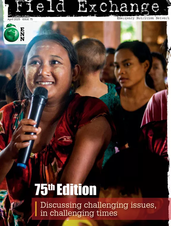 Front cover of Field Exchange 75 with a lady holding a microphone in a group setting