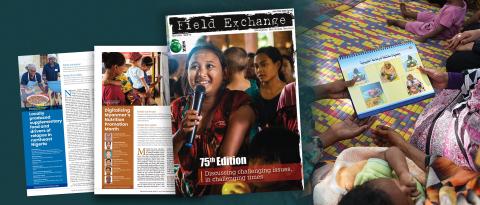 A family look at a card on infant feeding practices with screenshots of Field Exchange 75