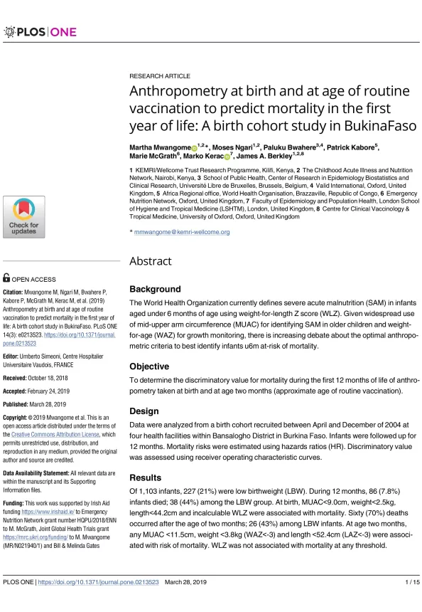 First page of document 'Anthropometry at birth and at age of routine vaccination to predict morality in the first year of life'
