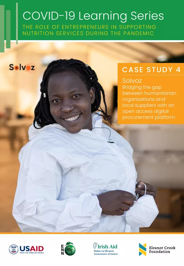 Front cover of 'the role of entrepreneurs in supporting nutrition services during the pandemic: case study 4' as part of the COVID-19 Learning Series. The picture shows a smiling woman holding a mask. 