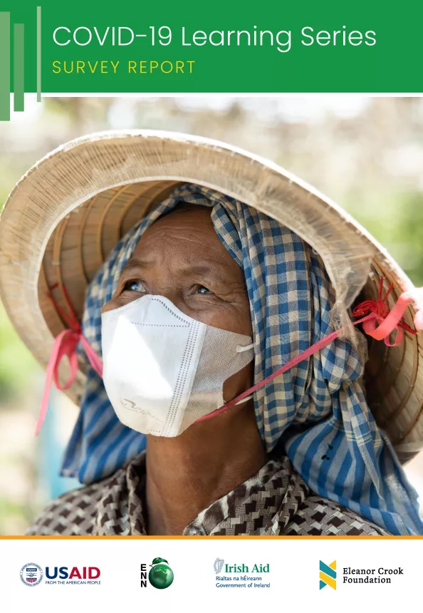 Front cover of the Survey Report from the COVID--19 Learning Series. It shows a picture of someone covering their head with a cloth and hat and wearing a mask.