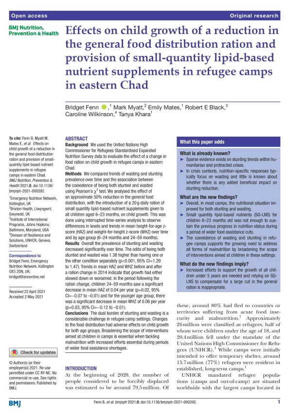 First page of document 'Effects on child growth of a reduction in  the general food distribution ration and  provision of small-quantity lipid-based  nutrient supplements in refugee camps  in eastern Chad'