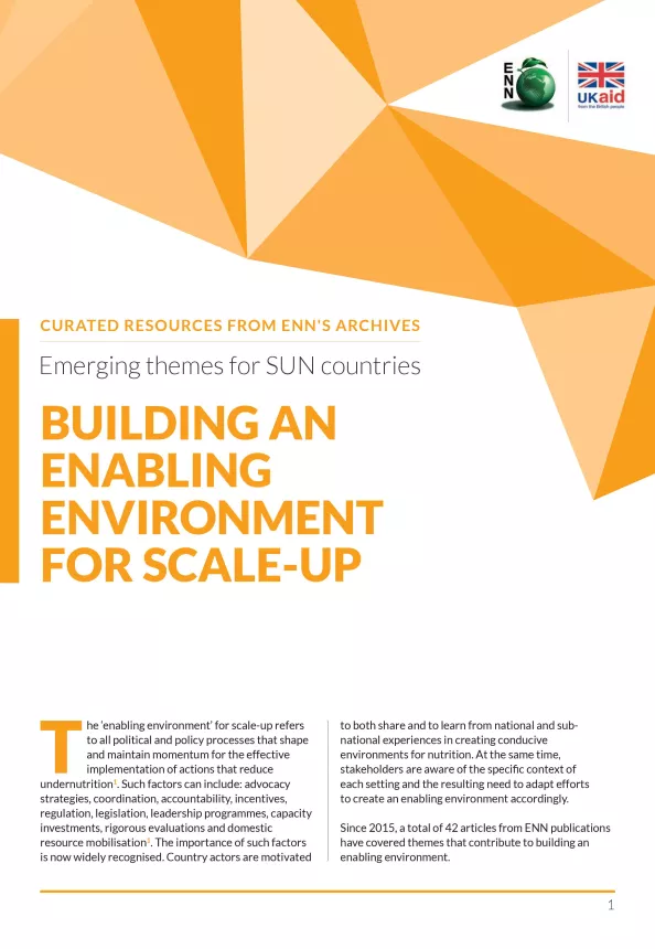 Front cover of document titled, "Building an enabling environment for scale-up" from curated resources from  ENN's Archive