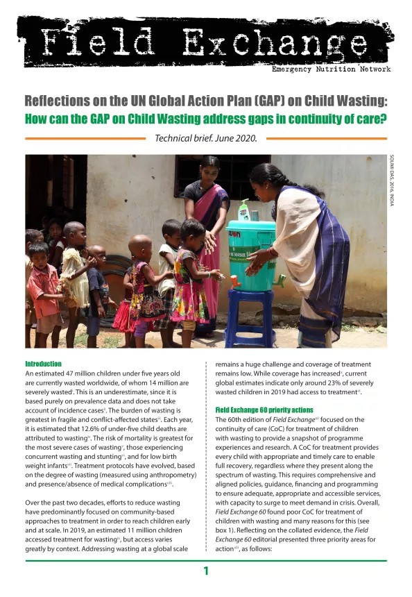 Front cover of technical brief titled, "Reflections on the UN Global Action Plan (GAP) on Child Wasting: How can the GAP on Child Wasting address gaps in continuity of care?" The image shows a women demonstrating to group of children how to wash their hands.