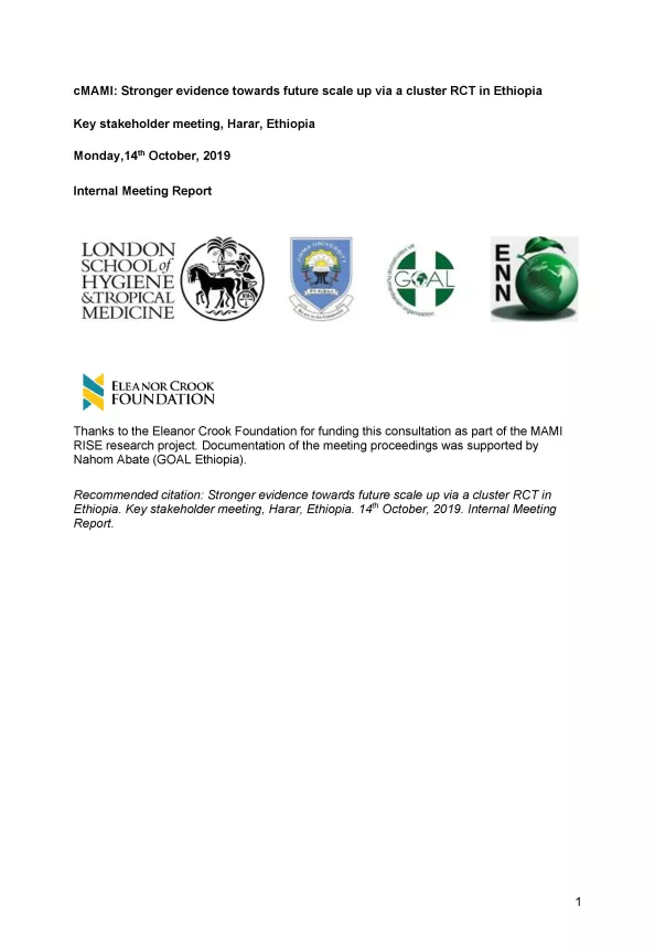 Front page of Internal Meeting Report titled, "cMAMI: Stronger evidence towards future scale up via a cluster RCT in Ethiopia." In Harar, Ethiopia.