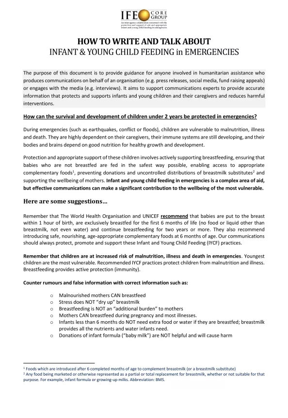 First page of the document 'How to write and talk about IYCFE' from 2018