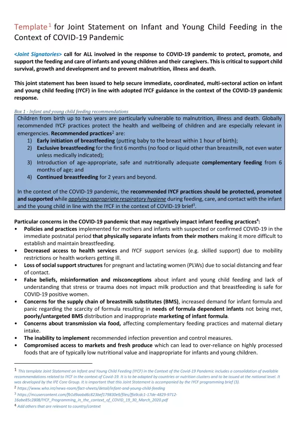 First page of document 'Template for Joint Statement on Infant and Young Child Feeding in the Context of COVID-19 Pandemic'