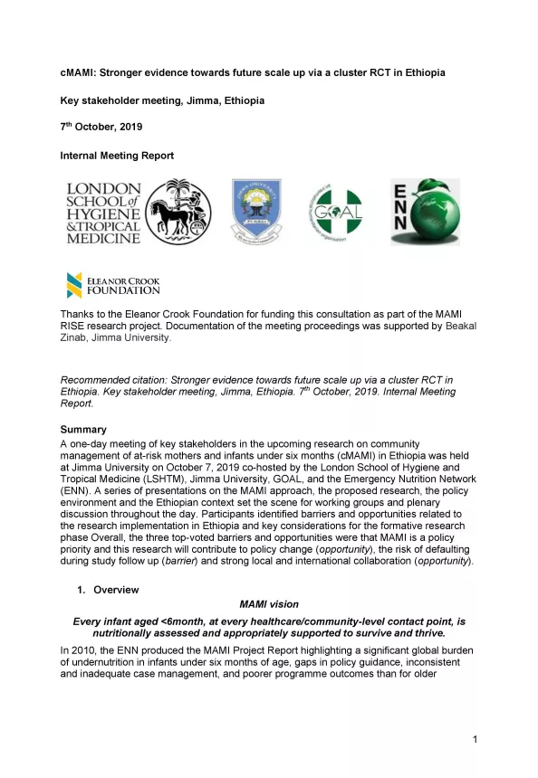 Front page of Internal Meeting Report titled, "cMAMI: Stronger evidence towards future scale up via a cluster RCT in Ethiopia." In Jimma, Ethiopia.
