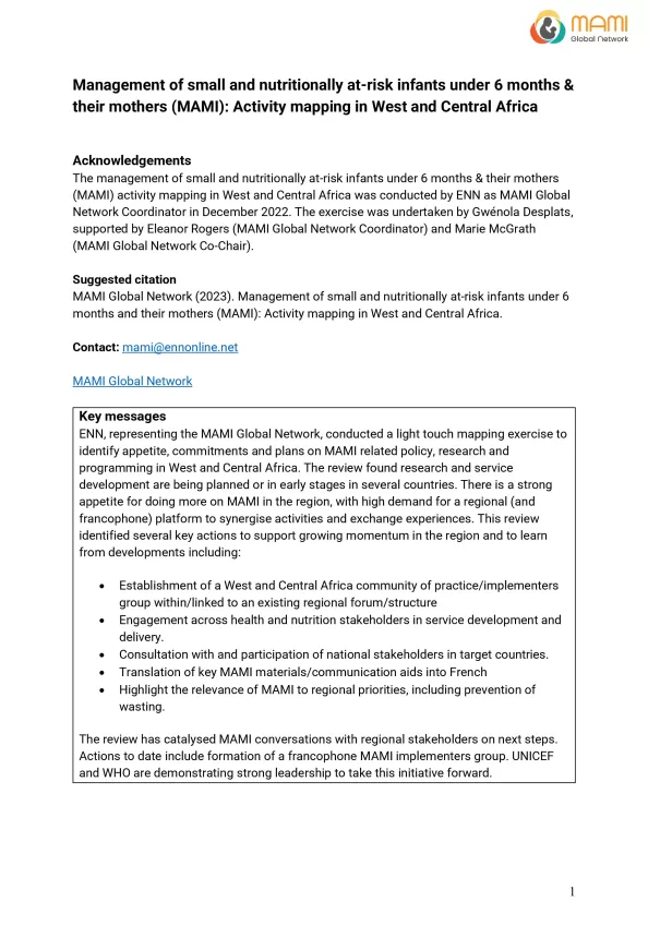 First page of document 'Management of small and nutritionally at-risk infants under 6 months & their mothers (MAMI): Activity mapping in West and Central Africa'