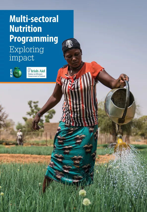 Front cover of report titled, "Multi-sectoral Nutrition Programming Exploring  impact." Image shows a woman watering crops in field.