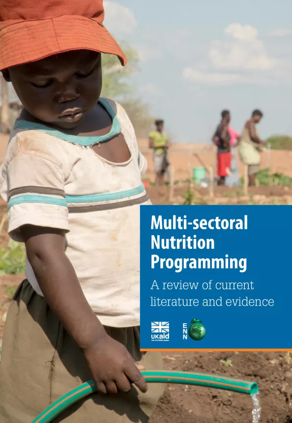 Front cover of review titled, "Multi-sectoral Nutrition Programming A review of current literature and evidence." Picture shows a young child using hose pipe to water crops in a field.