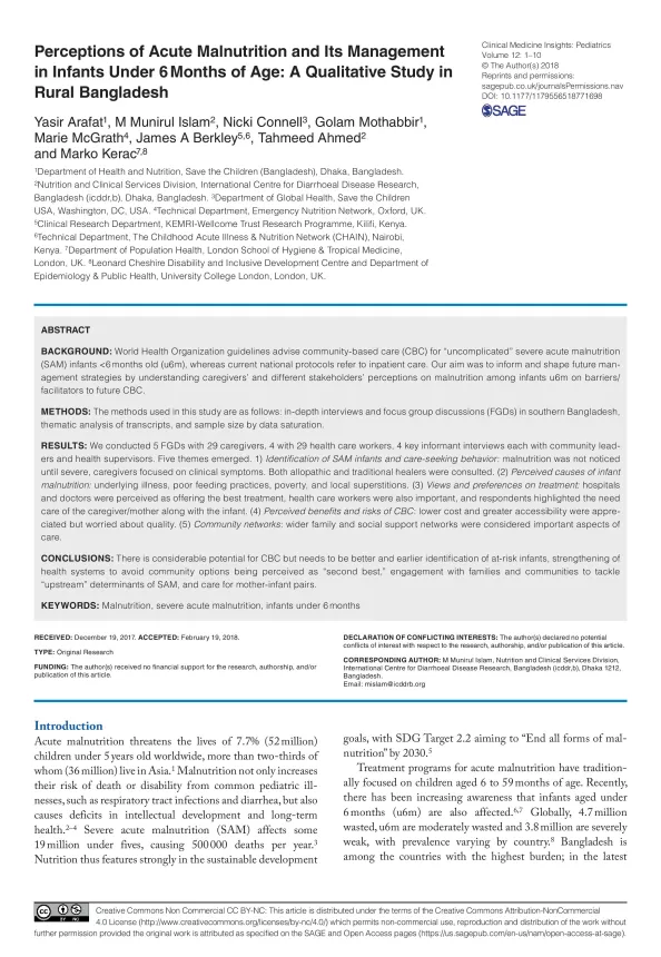 First page of the document 'Perceptions of Acute Malnutrition and Its Management in Infants Under 6 Months of Age: A Qualitative Study in Rural Bangladesh'