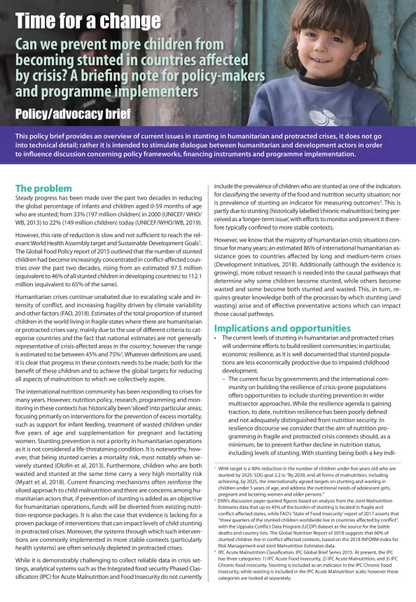 Front page of report titled, "Time for a change: Can we prevent more children from becoming stunted in countries affected by crisis? A briefing note for policy-makers and programme implementers."