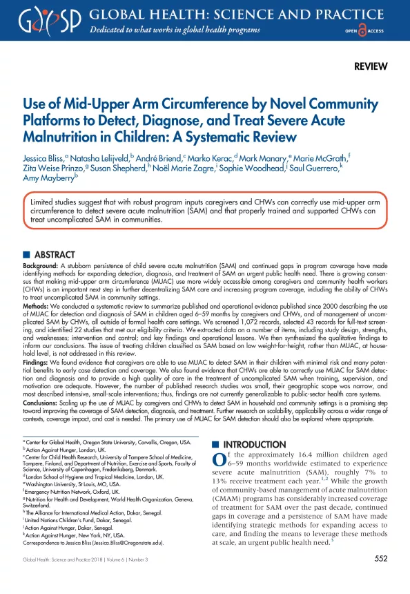 First page of 'Use of Mid-Upper Arm Circumference by Novel Community Platforms to Detect, Diagnose, and Treat Severe Acute Malnutrition in Children: A Systematic Review'