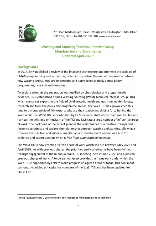First page of the Wasting and Stunting Technical Interest Group Membership and Governance document.