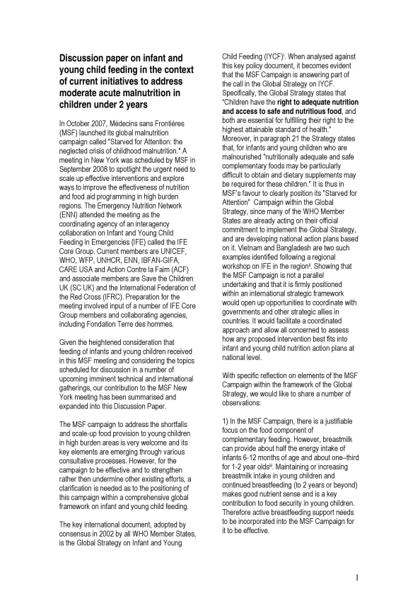 Front cover of document titled, "Discussion paper on infant and young child feeding in the context of current initiatives to address moderate acute malnutrition in children under 2 years."
