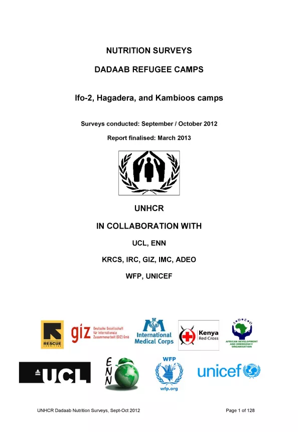 Front cover of document titled, "NUTRITION SURVEYS DADAAB REFUGEE CAMPS Ifo-2, Hagadera, and Kambioos camps."