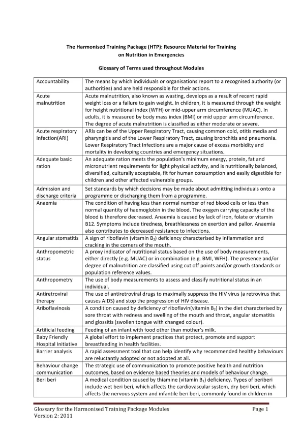 Front cover of training document titled, "The Harmonised Training Package (HTP): Resource Material for Training on Nutrition in Emergencies Glossary of Terms	used throughout Modules."