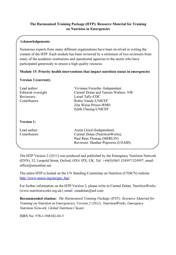 Front cover of document titled, "The Harmonised Training Package (HTP): Resource Material for Training on Nutrition in Emergencies."