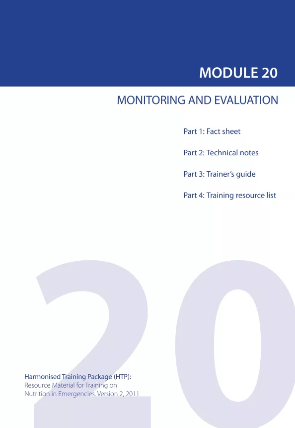 Front cover of document titled, "MODULE 20 MONITORING AND EVALUATION."