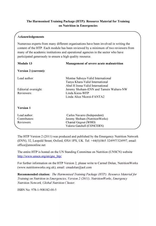Front cover of document titled, "The Harmonised Training Package (HTP): Resource Material for Training on Nutrition in Emergencies."