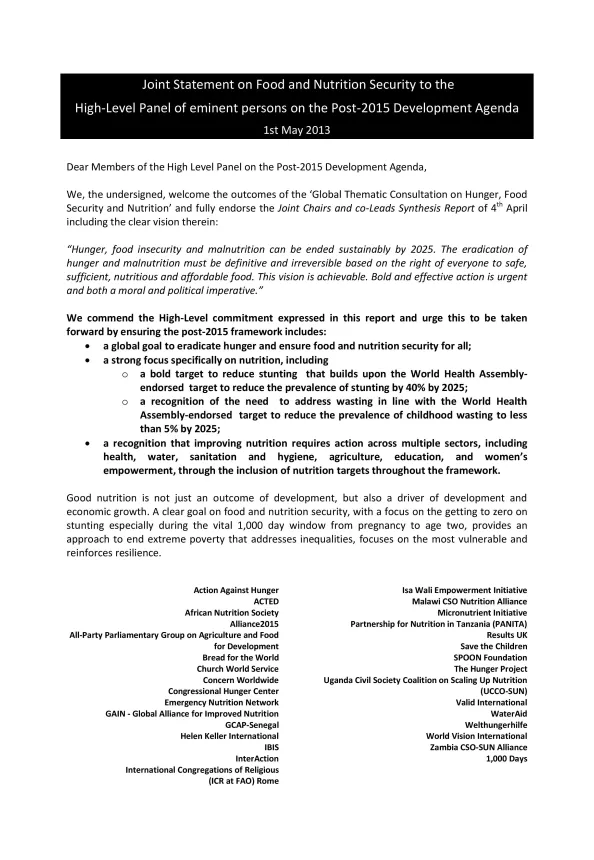 Front cover of document titled, "Joint Statement on Food and Nutrition Security to the High-Level Panel of eminent persons on the Post-2015 Development Agenda."