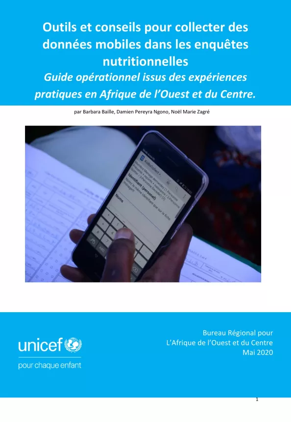 Front cover of the document 'Tools and tips for mobile data collection in nutrition surveys from West and Central Africa' with a photo of someone using a mobile phone