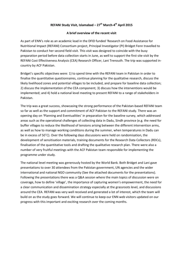 Research document titled, "REFANI Study Visit, Islamabad – 27th March-4th April 2015 A brief overview of the recent visit."