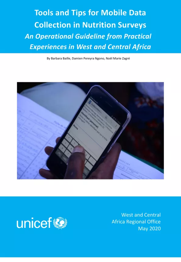 Front cover of the document 'Tools and tips for mobile data collection in nutrition surveys from West and Central Africa' with a photo of someone using a mobile phone