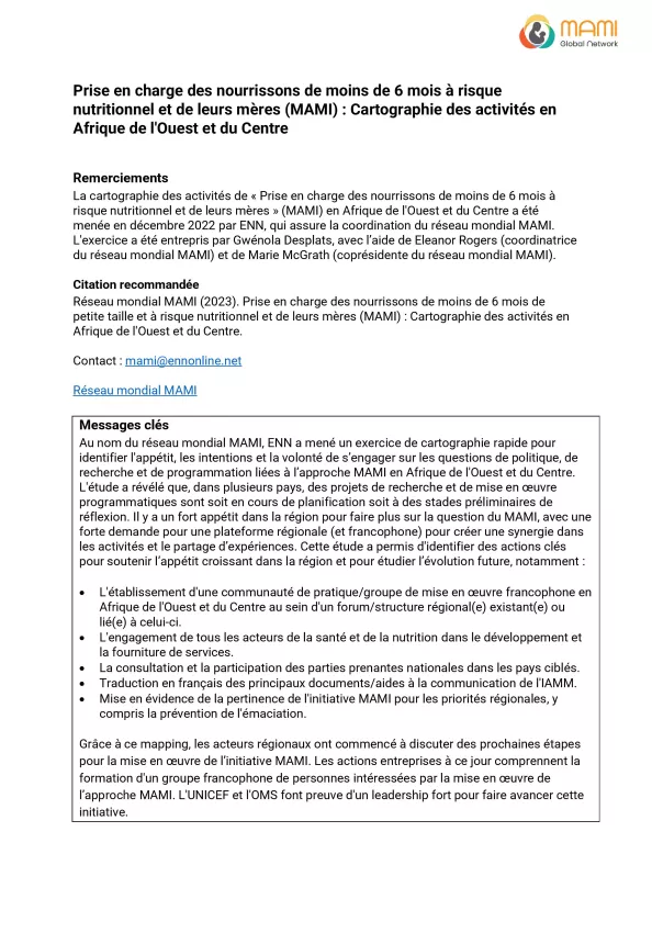 Front cover of Prise en charge des nourrissons de moins de 6 mois à risque nutritionnel et de leurs mères (MAMI) : Cartographie des activités en Afrique de l'Ouest et du Centre