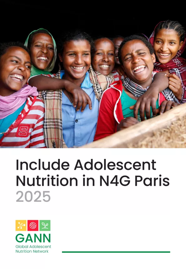 Front cover of 'Include Adolescent Nutrition in N4G Paris 2025'. A group of girls in a window smiling.