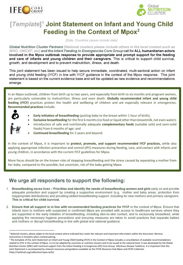 First page of the document 'Joint Statement on Infant and Young Child Feeding in the Context of Mpox'