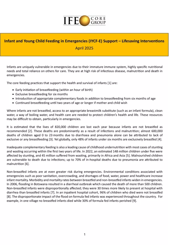 Front page of Infant and Young Child Feeding in Emergencies (IYCF-E) Support – Lifesaving Interventions