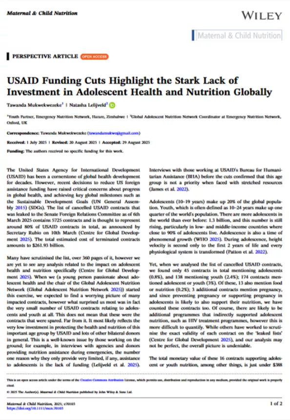 US Funding cuts highlight stark lack of investment in Adolescent health & Nutrition globally research paper cover