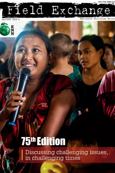Front cover of Field Exchange 75 with a lady holding a microphone in a group setting